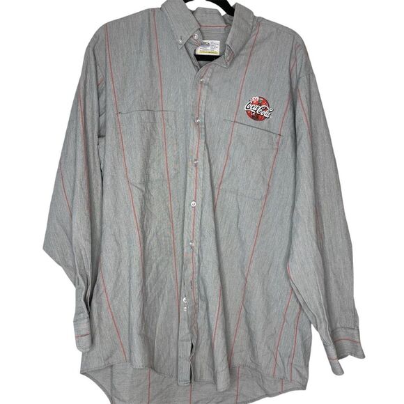 Coca Cola Uniform Shirt Striped Long Sleeve Button Down Gray Red 17 - 17.5 Inch - Picture 1 of 8